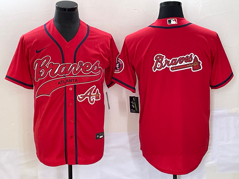 Men's Atlanta Braves Red Team Big Logo Cool Base With Patch Stitched Baseball Jersey